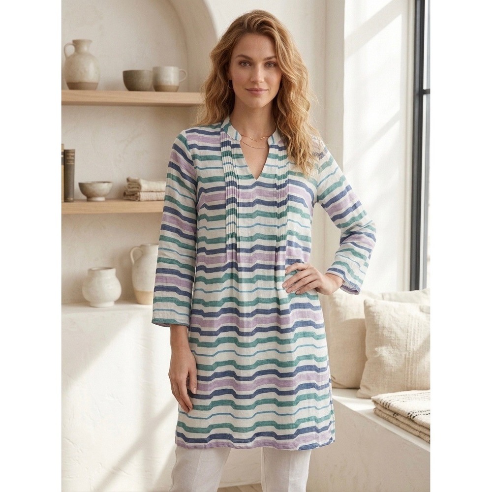 Pomegranate Linen Tunic Dress Wavy Stripe Pintuck 3/4 Sleeve Shift Size XS